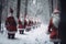 Group of Santa Clauses in snowy forest on Christmas New Year Day, fabulous creatures. AI generated