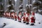 Group of Santa Clauses in snowy forest on Christmas New Year Day, fabulous creatures. AI generated