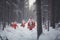 Group of Santa Clauses in snowy forest on Christmas New Year Day, fabulous creatures. AI generated