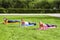 Group of satisfied beautiful healthy slimy young women doing plank exersices on the green grass in the park, standing in plank