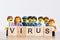 Group of scared people with wooden `virus` sign. Illustrative editorial