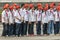 Group of school children in uniform at parade ground Ho Chi Minh Memorial.