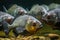 A group of a school of predatory tropical piranha fish. Freshwater exotic fauna of the Amazon. AI generated.