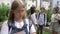 Group of schoolchildren scoff at their classmate. Child cruelty. School bullying.