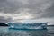 Group of seagulls flying over a big iceberg