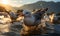 Group of Seagulls Splashing in Water