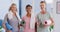 Group of senior yoga woman holding exercise mats and water bottles while working out. Portrait of three mature females