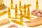 Group, set Cosmetic ampoules with serum for hair growth, restoration. Hair comb, Spiral Hair Ties on a beige background. Concept