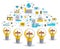 Group of shining light bulbs and set of icons, business ideas creative concept, teamwork, business team.