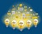 Group of shining light bulbs and set of icons, business ideas creative concept, teamwork, business team.