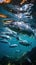 Group of Silver Sardines Swimming in Ocean Seascape Blurry Background