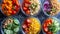 A group of six bowls filled with different vegetables and fruits, AI