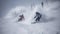 Group of skiers athletes compete going down from ski mountain. AI generated.