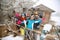 Group of skiers in winter wooden house