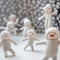 A group of small dancing knitted dolls on a table, AI