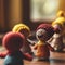 A group of small knitted dolls on a table with one wearing red, AI