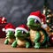 A group of small turtles celebrating Christmas with festive hats and presents1