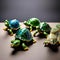 A group of small turtles wearing miniature Christmas tree ornaments as hats5