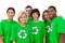 Group of smiling activists wearing green shirt with recycling symbol on it