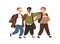 Group of smiling diverse pupils hugging walking together vector flat illustration. Cute boys with bag and backpack going