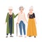 Group of smiling elderly women dressed in elegant clothes standing and talking to each other. Old ladies walking