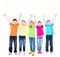 Group of smiling kids with raised hands.