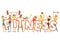 Group of smiling people in sport uniform holding the word Fitness cartoon colorful vector Illustration