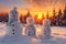 Group of snowmen on snow covered field in winter.