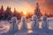 Group of snowmen on snow covered field in winter with spruce tree forest.