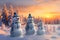 Group of snowmen on snow covered field in winter with spruce tree forest.