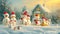 A group of snowmen stand together in front of a residential house, creating a festive and snowy scene, A winter landscape with