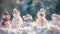 A group of snowmen stands tall in the snowy landscape, their arms outstretched to greet the winter day, Group of snowmen playing