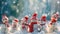 A group of snowmen of various sizes standing upright in a snowy landscape, Group of snowmen playing in a heavy snowfall