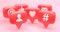 Group of social media notification icons: like, mention, message, hashtag, and user