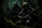 Group of soldiers in the dark forest with gas mask and assault rifle, Stealthy Shadows: Elite soldiers in camouflage uniforms and