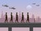 A group of soldiers walking on a bridge in a warring city. There are helicopters and fighters in sky