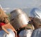 Group of Spanish medieval knights with helmets getting ready for a battle