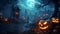 Group of spooky halloween jack o lanterns lit at night