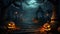 Group of spooky halloween jack o lanterns lit at night