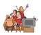 Group of sport fans with football attributes cheering for the team in front of TV on a couch. Flat vector illustration