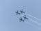 A group of sports airplanes show in the sky an aerobatic show dedicated to the 70th anniversary of the Independence of Israel