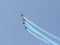 A group of sports airplanes show in the sky an aerobatic show dedicated to the 70th anniversary of the Independence of Israel