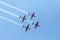 A group of sports airplanes show in the sky an aerobatic show dedicated to the 70th anniversary of the Independence of Israel