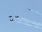 A group of sports airplanes show in the sky an aerobatic show dedicated to the 70th anniversary of the Independence of Israel