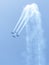 A group of sports airplanes show in the sky an aerobatic show dedicated to the 70th anniversary of the Independence of Israel