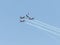 A group of sports airplanes show in the sky an aerobatic show dedicated to the 70th anniversary of the Independence of Israel