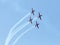 A group of sports airplanes show in the sky an aerobatic show dedicated to the 70th anniversary of the Independence of Israel