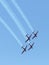 A group of sports airplanes show in the sky an aerobatic show dedicated to the 70th anniversary of the Independence of Israel