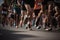 A group of sports runners participate in a difficult marathon race, close-up of the legs running on the road