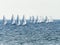 A group of sportsmans on small sailing yachts trains on the Mediterranean Sea near the coast of Nahariyya in Israel